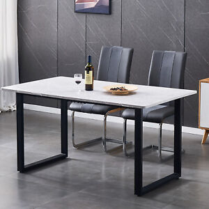 150cm Dining Table Marble Effect Grey Top with U Shape Metal Black Legs Kitchen