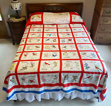 50 States Birds Flowers Embroidered Patchwork Quilt Hand Made Full Size Vtg 80's