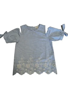 MONTEAU GIRLS BLUE WHITE STRIPED COLD SHOULDER BLOUSE SIZE L  - Picture 1 of 9