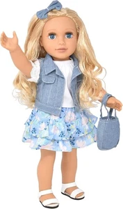 18" Fashion Doll Blonde Hair Blue Eyes Outfit Boots Sandals Denim Jacket Bag - Picture 1 of 7