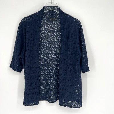 Eileen Fisher Cardigan Womens XL Wool Cropped Open Knit Crochet Coquette Blue - Image 1 of 4