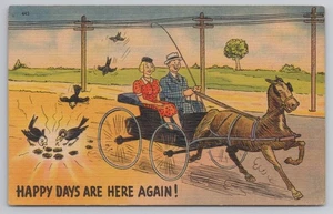 Couple in Horse Carriage “Happy Days Are Here Again” Comic 1940s Postcard - Picture 1 of 2