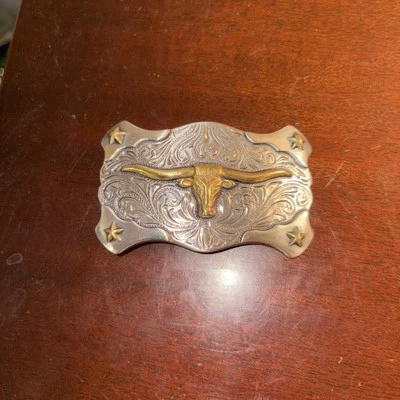 SILVER/GOLD Tone BELT BUCKLE WESTERN TEXAS LONGHORN STEER BULL COWBOY STARS - Image 1 of 4