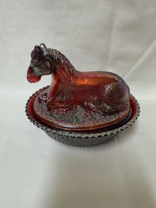 Red Carnival Glass Horse Pony Colt on Ribbed Base Covered Dish - Picture 1 of 11
