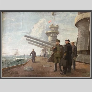 Realism Oil Hand PAINTING USSR 1940/Voroshilov Kirov at Warship/ 7ft=2.1m Signed - Picture 1 of 6