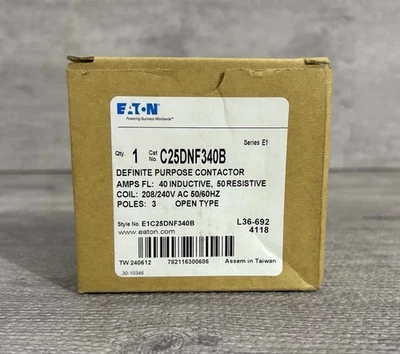 Eaton Cutler Hammer C25DNF340B Definite Purpose Contactor 3 Pole 40A 208/240 Cl - Image 1 of 2