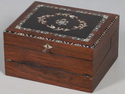 Edwardian c.1905 Mosaic Inlaid Rosewood & Ebony Writing Slope Box with Key - Image 1 of 4