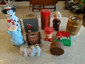HUGE LOT OF VINTAGE COIN BANKS PIGGY MICKEY MOUSE TRAIN CUSS BOX SAFE BARREL - Picture 1 of 12