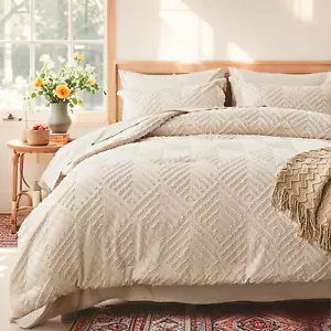Full/Queen Comforter Set 7 Pieces, Beige Bed in a Bag Tufted Boho Lightweight Be - Picture 1 of 12