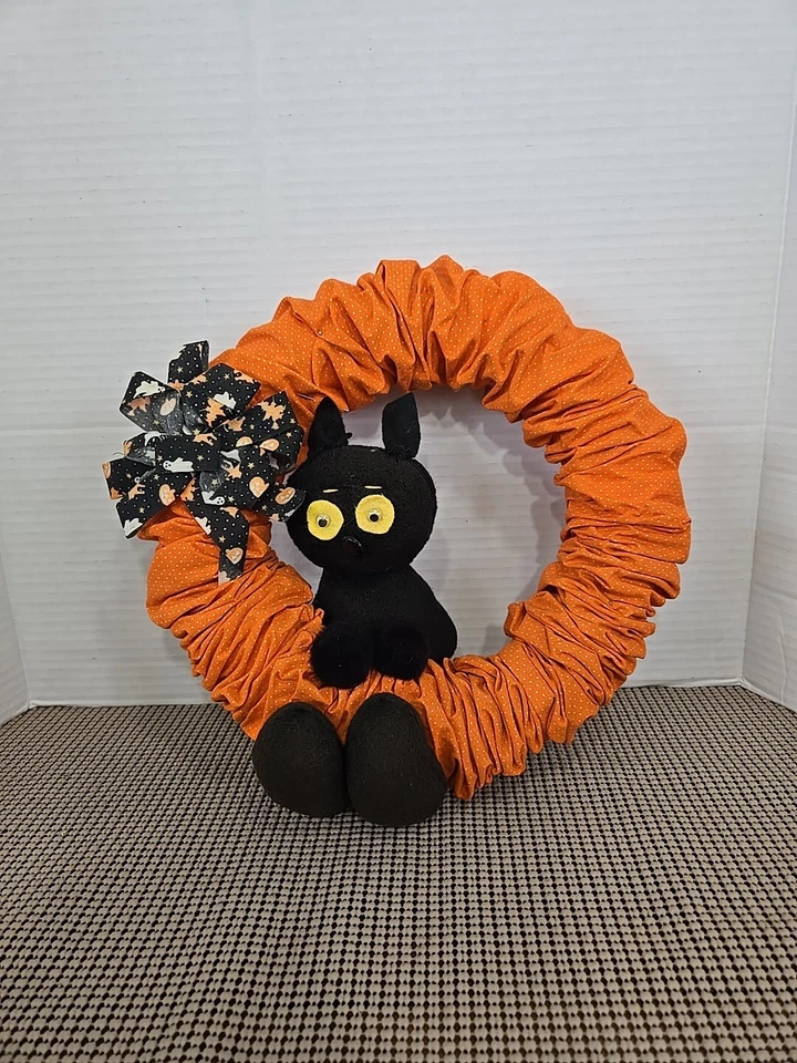 Vintage Handmade Halloween Wreath Black Cat Plush - Image 1 of 4