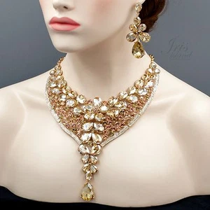 Gold GP Topaz Crystal Drop Pendant Necklace Earrings Wedding Jewelry Set 04371 - Picture 1 of 8