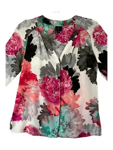 Worthington Damen Gr. PM Bluse mehrfarbig Pfingstrosen Lt Gewicht V-Ausschnitt Langarm - Bild 1 von 16