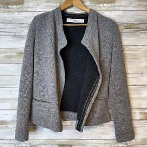 IRO Women’s Leather Trim Grey Wool Jacket Blazer Size 36 US 4 Workwear Business - Picture 1 of 10