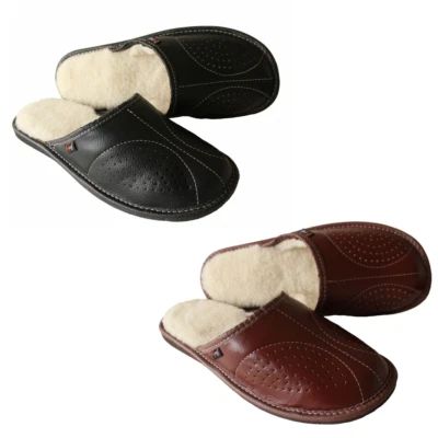 Men's Sheepskin Slippers Mules Slip On Shoes Black Warm Wool Size 7-13 Xmas Gift - Image 1 of 4