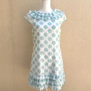 Alice + Olivia  white turquoise polka Dot Ruffled Shift Dress - Picture 1 of 11