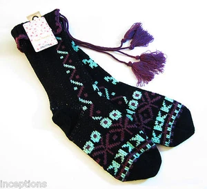 Free People Knit Ladies Slipper Socks  Cuff Tassle The Mountain Black  - NEW - Picture 1 of 1