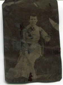 Antique Tintype of Woman Sitting in a Chair in Long Flower Dress - Picture 1 of 1
