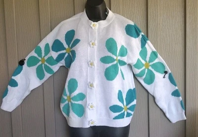 Vtg EXPRESS Tricot Bold Colorido Patrón de Margaritas Botón Suéter Blanco Cardigan 90s Foto 1 de 4