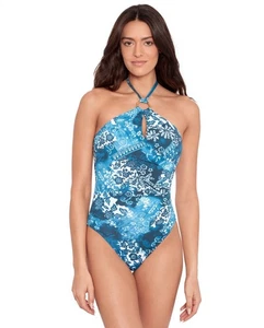 Lauren Ralph Lauren Womens Ring One-Piece Swimsui Indigo Patchwork Size 10 - Picture 1 of 4