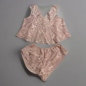 Lily of France Größe Medium Schlafset sexy rosa bauchfreies Oberteil Flattershorts Spitze Vintage - Bild 1 von 14