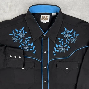 ELY CATTLEMEN Pearl Snap Shirt Mens XL Long Sleeve Embroidered Floral Black Blue - Picture 1 of 24