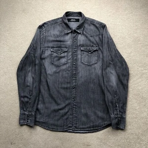 Replay Mens Pearl Snap Western Denim Shirt Black￼ Charcoal Size M - Picture 1 of 17