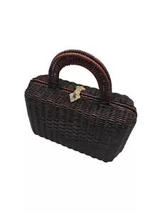 VTG Brown Reddish Wicker Handbag Purse Clamshell Leather Lining Hong Kong - Picture 1 of 10
