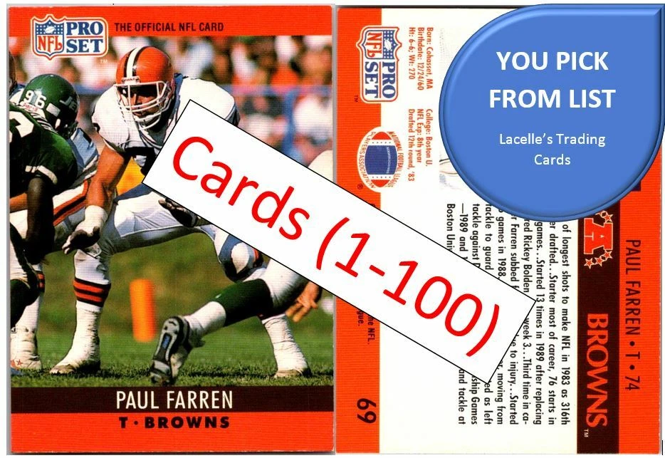 1990 Pro Set Football Cards (1-100) - U-Pick From List - Image 1 of 1