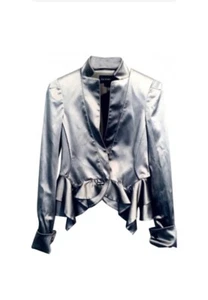 Zac Posen Women’s Grey Silk Satin Peplum Ruffle Blazer Jacket Sz-4 Retail-798$ - Picture 1 of 14