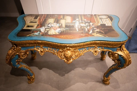 Turquoise Vintage French Sevres-like Hand-painted Porcelain Console Table Cover