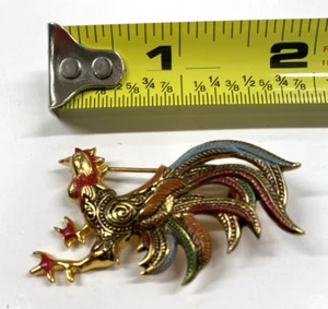 Vintage Damascene Style Gold Tone Red Enamel Cock Rooster Pin Brooch - Picture 1 of 4