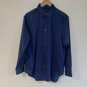 DKNY Mens Shirt Large Slim Fit Long Sleeve 16 1/2 - 32/33 Blue Black Mini Check - Picture 1 of 4