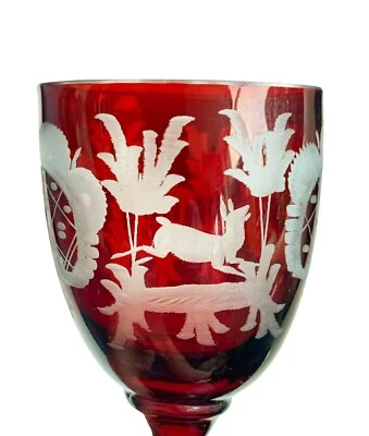 19th Century Bohemian Cordial Glasses  Ruby Flashed & Engraved  pair  deer - Image 1 of 4