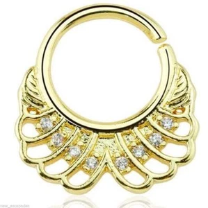 Septum Nose Captive Gold Plate Fan w/Clear Gems Annealed 16 Gauge 3/8" Brass  - Picture 1 of 3