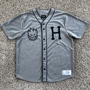 HUF x Spitfire Baseball Jersey Men Size M Gray Navy Trim Logos Huf Worldwide Y2K - Picture 1 of 9