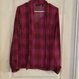 G By Guiliana Womens Plaid Front Tie Blouse Top Size LARGE Pink Red V-Neck HSN - Picture 1 of 8