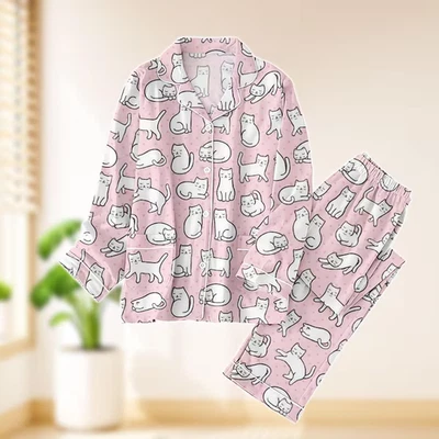 Conjunto de pijama feminino de algodão macio rosa estampa de gato, roupa de dormir adorável - Imagem 1 de 4