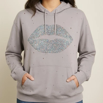 Sudadera con Capucha Lauren Moshi Labio Diamante Adornada Envejecida Púrpura L Foto 1 de 4