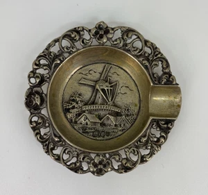 Antique Vintage STERLING SILVER Reticulated Repousse WINDMILL FARMHOUSE ASHTRAY - Picture 1 of 7