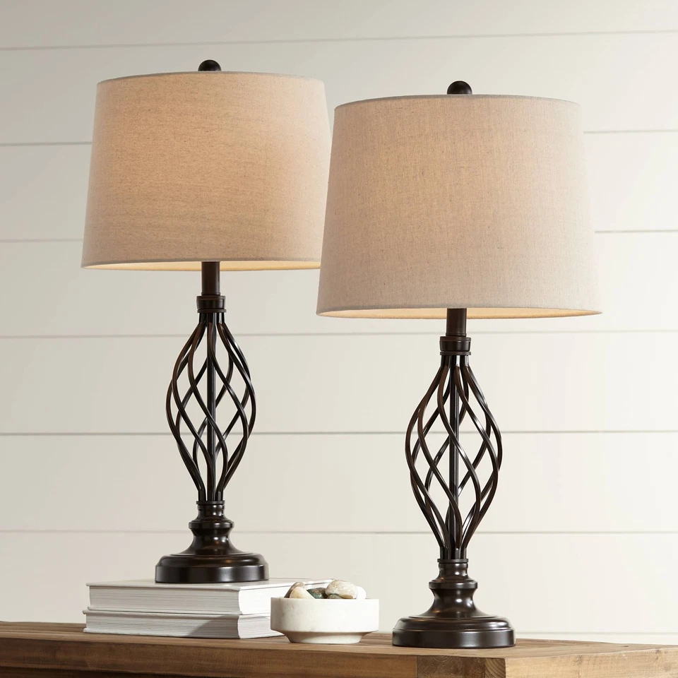 Annie Industrial Table Lamps 28" Tall Set of 2 Iron Bronze Cream Drum Shade - Image 1 of 4