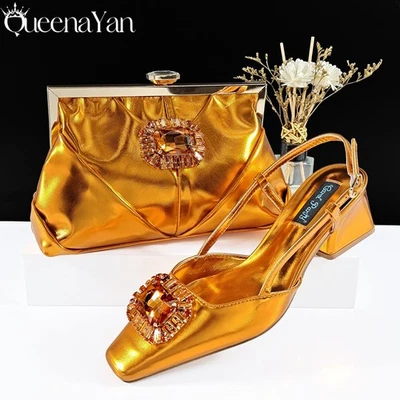 Juego de bolsa de zapatos de tacón grueso con dedos cuadrados 2025 para mujer bolsa suave con botones de diamante de metal Foto 1 de 4