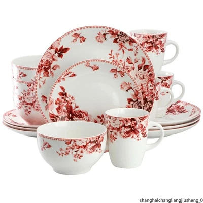 16-Piece Red Rose Stoneware Dinnerware Set Foto 1 de 4