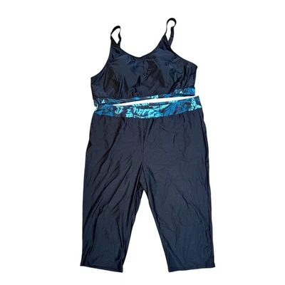 Conjunto de capris Tankini con estampado de hojas tropicales negras 24W para mujer talla grande Foto 1 de 4