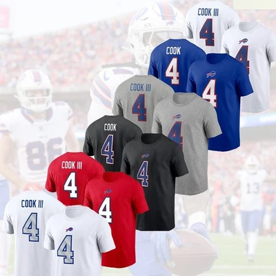 LO ÚLTIMO - James Cook #4 Buffalo Bills 2025 nombre y número del jugador todos los tamaños para fanáticos Foto 1 de 3