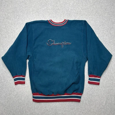 Sudadera vintage Champion tejido inverso deletreada detalles a rayas verde azulado años 90 L Foto 1 de 4
