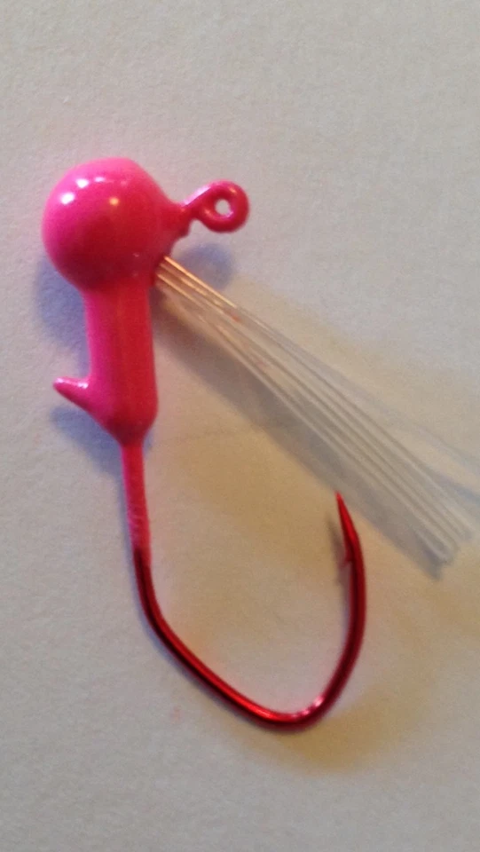 10 Pack 1/16th Weedless Painted Hot Pink Crappie Jig Heads. #2 Red Sickle Hooks - Image 1 of 1