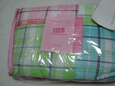 KIDS EXPRESSION XADREZ JARDIM Padrão PILLOW SHAM 21X27 ~ Azul, Rosa, Verde NOVO - Imagem 1 de 4