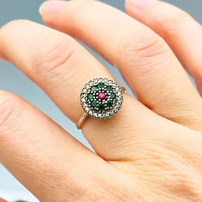 Anillo de plata de ley 925 con piedra esmeralda rubí simulado para mujer hecho a mano turco Foto 1 de 4