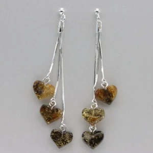 Green BALTIC AMBER Heart Dangle Earrings - 925 STERLING SILVER Poland #4807e - Picture 1 of 9