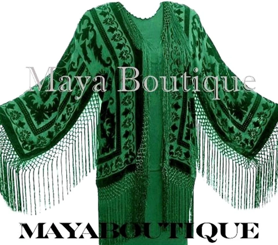 Emerald Green Silk Burnout Velvet Fringe Jacket Short Kimono Maya Matazaro  - Image 1 of 1